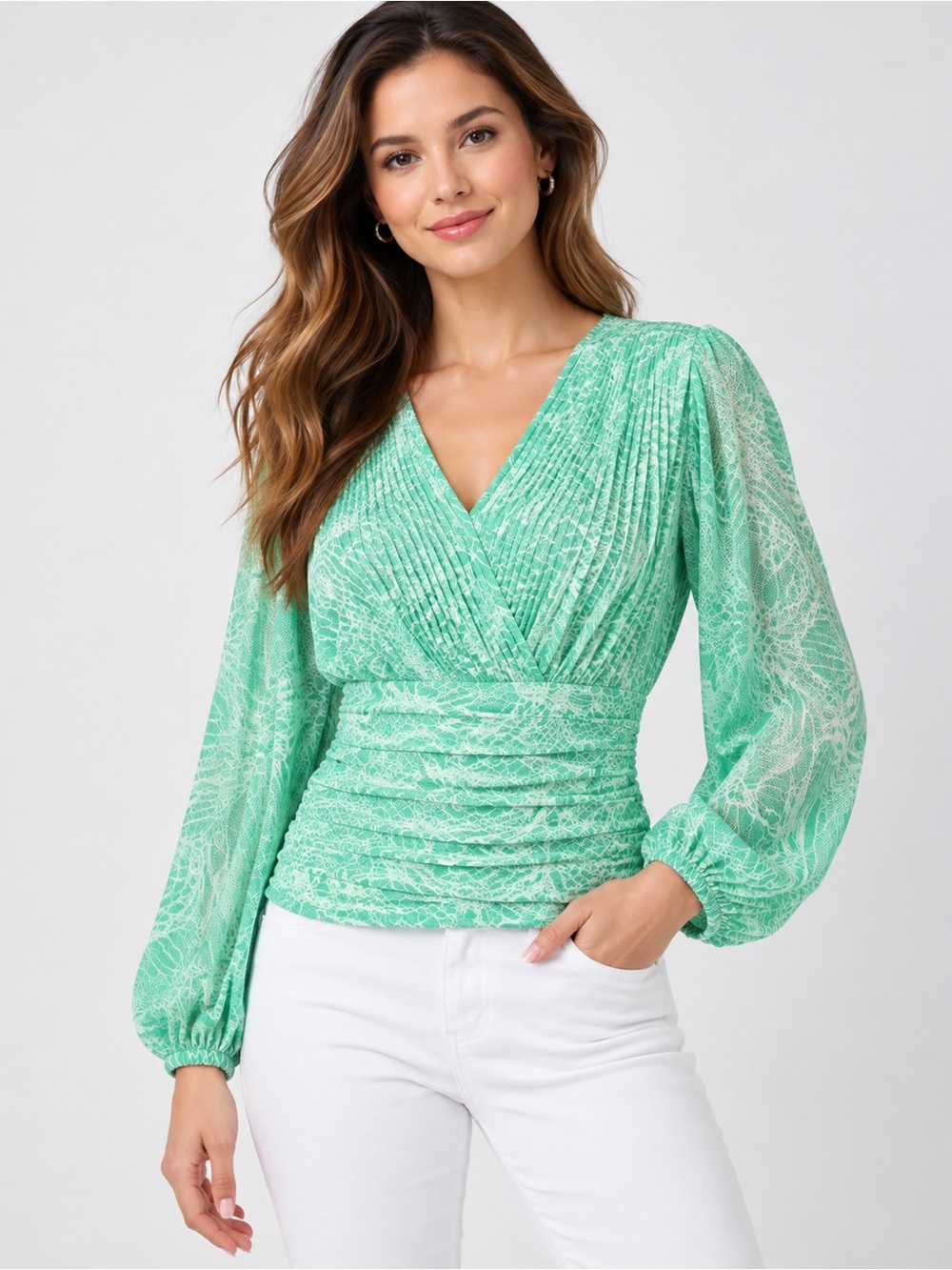 NWT White House Black Market Lacing Lush Jade Smocked Blouse Size 14